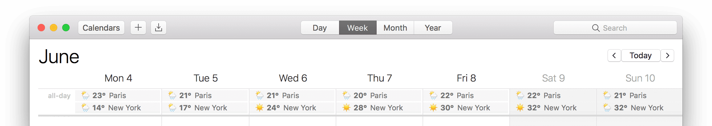 Weather in Calendar. Like in Google Calendar back in the days